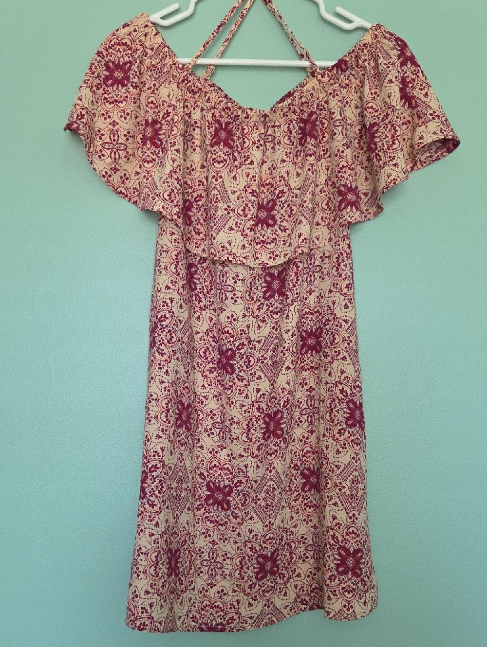 Cold Shoulder Floral Print Dress in Cream and Burgundy